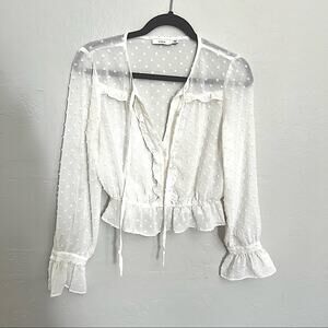 Lush Cropped White Polka Dot Cinched Ruffle Blouse